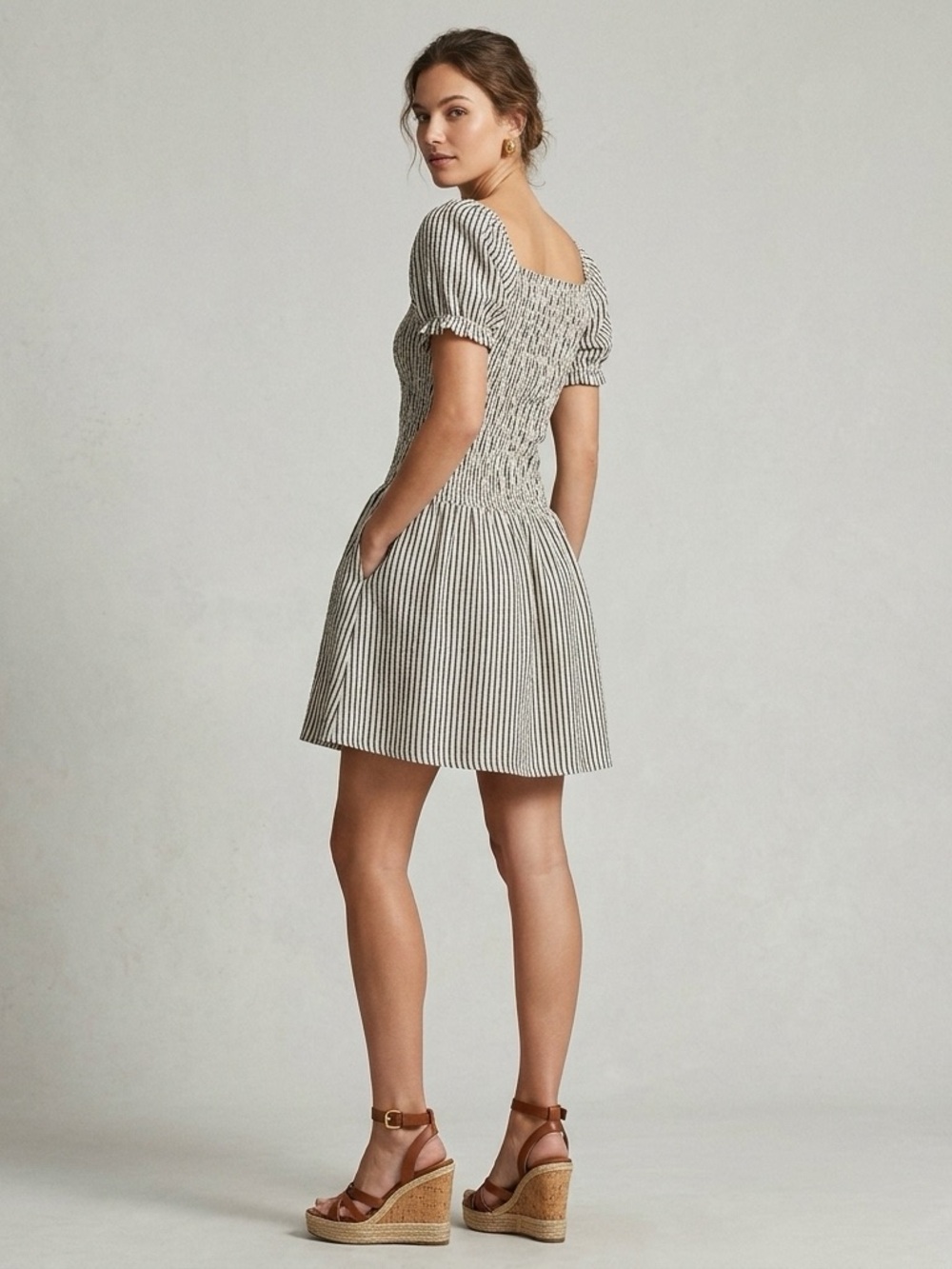 Maeve Puff-Sleeve Square-Neck Smocked Margie Midi Dress Style: OB2632424